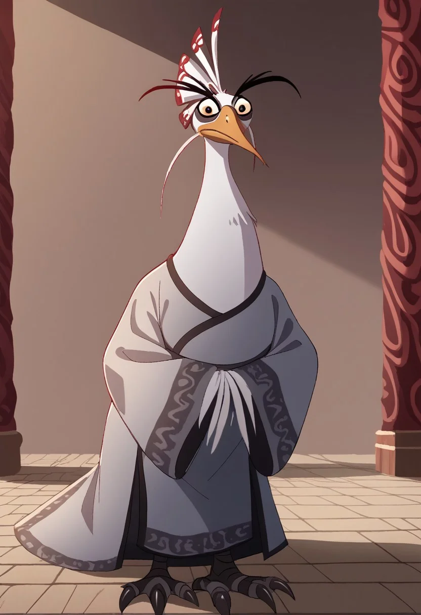 kfp2d, solo, 1boy, MainOutfit_LordShen_ownwaifu, score_9, score_8_up, score_7_up, score_6_up, score_5_up, score_4_up, source_furry, hi res, sfw. 2D artwork.
furry male, beak, bird, long eyebrows, peacock, white feathers, no humans, animal focus, black eyes, long sleeves, antennae, robe, japanese clothes, kimono, white robe, wide sleeves, claws, wings, animal, chinese clothes, whiskers, wide-eyed, 1other, colored sclera, hair stick, hanfu, head fins.
standing, full body, looking at viewer, on a temple, indoors, chinese temple, day.