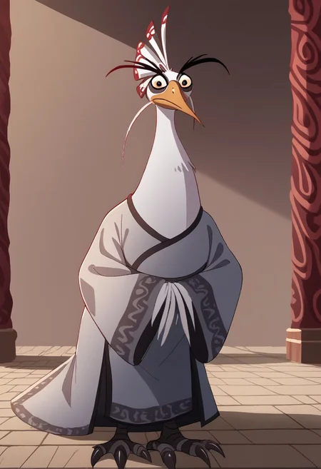 kfp2d, solo, 1boy, MainOutfit_LordShen_ownwaifu, score_9, score_8_up, score_7_up, score_6_up, score_5_up, score_4_up, source_furry, hi res, sfw. 2D artwork.
furry male, beak, bird, long eyebrows, peacock, white feathers, no humans, animal focus, black eyes, long sleeves, antennae, robe, japanese clothes, kimono, white robe, wide sleeves, claws, wings, animal, chinese clothes, whiskers, wide-eyed, 1other, colored sclera, hair stick, hanfu, head fins.
standing, full body, looking at viewer, on a temple, indoors, chinese temple, day.