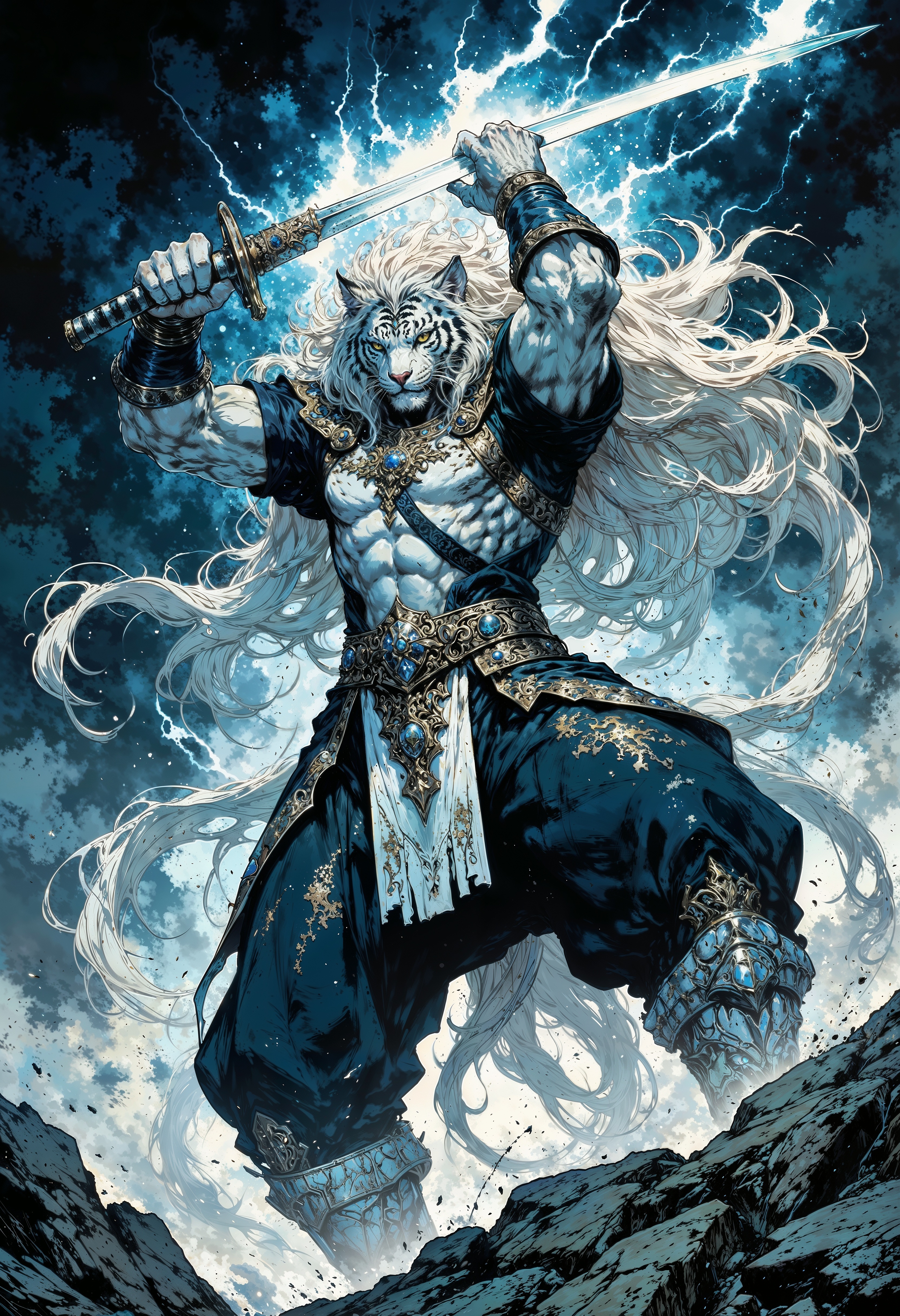 a dynamic and dramatic digital artwork featuring a stylized anthropomorphic white tiger with striking yellow eyes. The tiger is depicted in a powerful stance, wielding a katana with one hand raised above its head. Its fur is detailed with black stripes, and its mane flows wildly, blending with the stormy background. The scene is set amidst swirling dark clouds and flashes of lightning, enhancing the sense of movement and energy. The composition is vertical, with the tiger positioned centrally, creating a sense of depth and intensity. The color palette is dominated by shades of blue, gray, and white, with bright highlights from the lightning. The overall style is reminiscent of fantasy or manga art, with a focus on dynamic action and dramatic lighting.