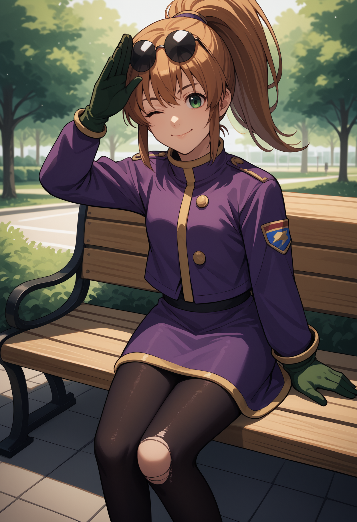 score_9, score_8_up, score_7_up, source_anime, <break> solo, 1girl, precis neumann, smile, closed mouth, looking at you, sitting, park bench, salute, ponytail, sunglasses, eyewear on head, one eye closed, purple jacket, short over long sleeves, green gloves, purple skirt, black pantyhose, torn pantyhose, outdoors
<segment:yolo-face_yolov8m.pt,0.4,0.5//cid=1>
