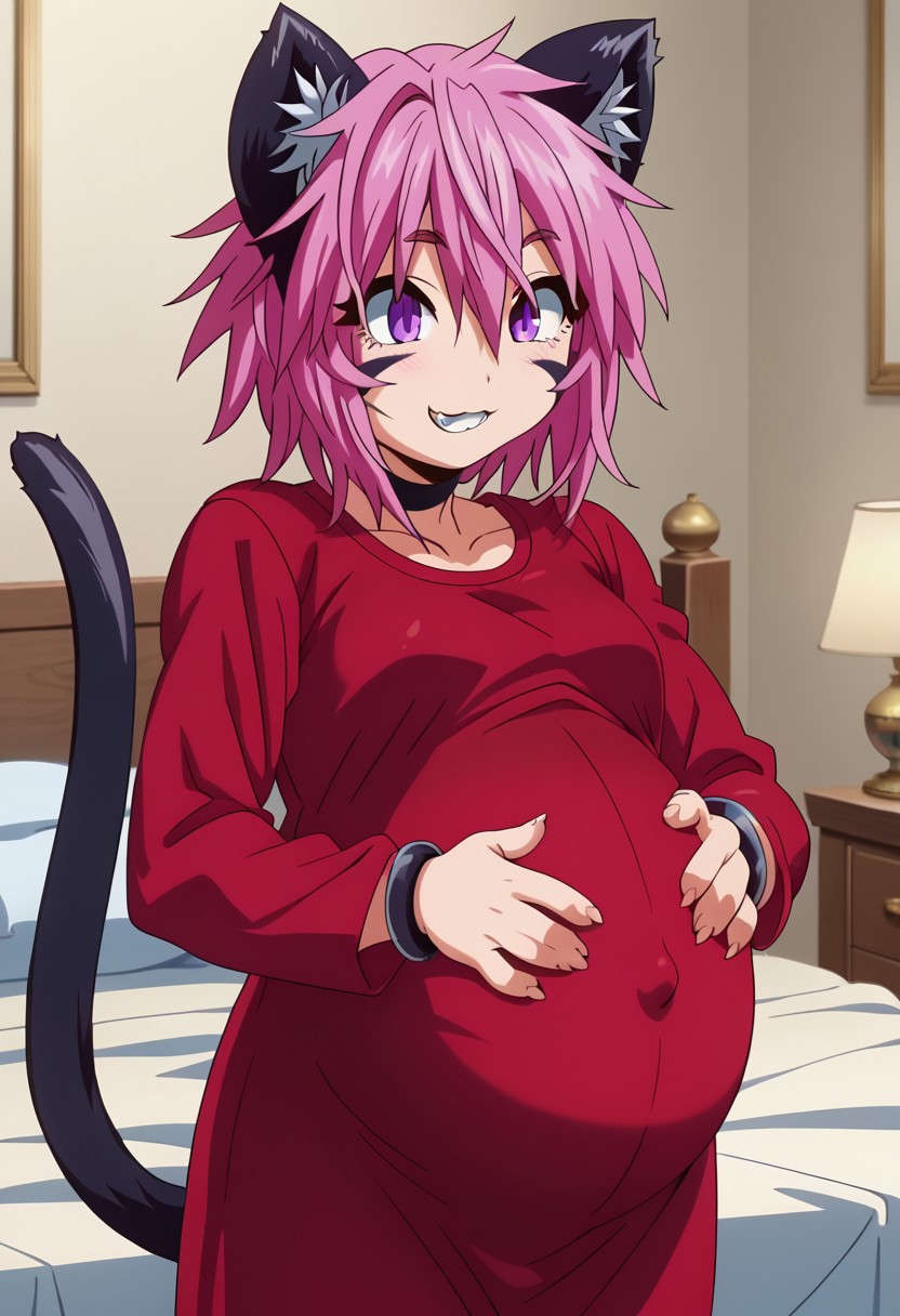 best quality, masterpiece, 4k, perfect lighting, very aesthetic, anime, anime coloring, official art, anime screencap,
bedroom,  hand on belly, happy, smile, large pregnant belly,
nia, cat girl, cat tail