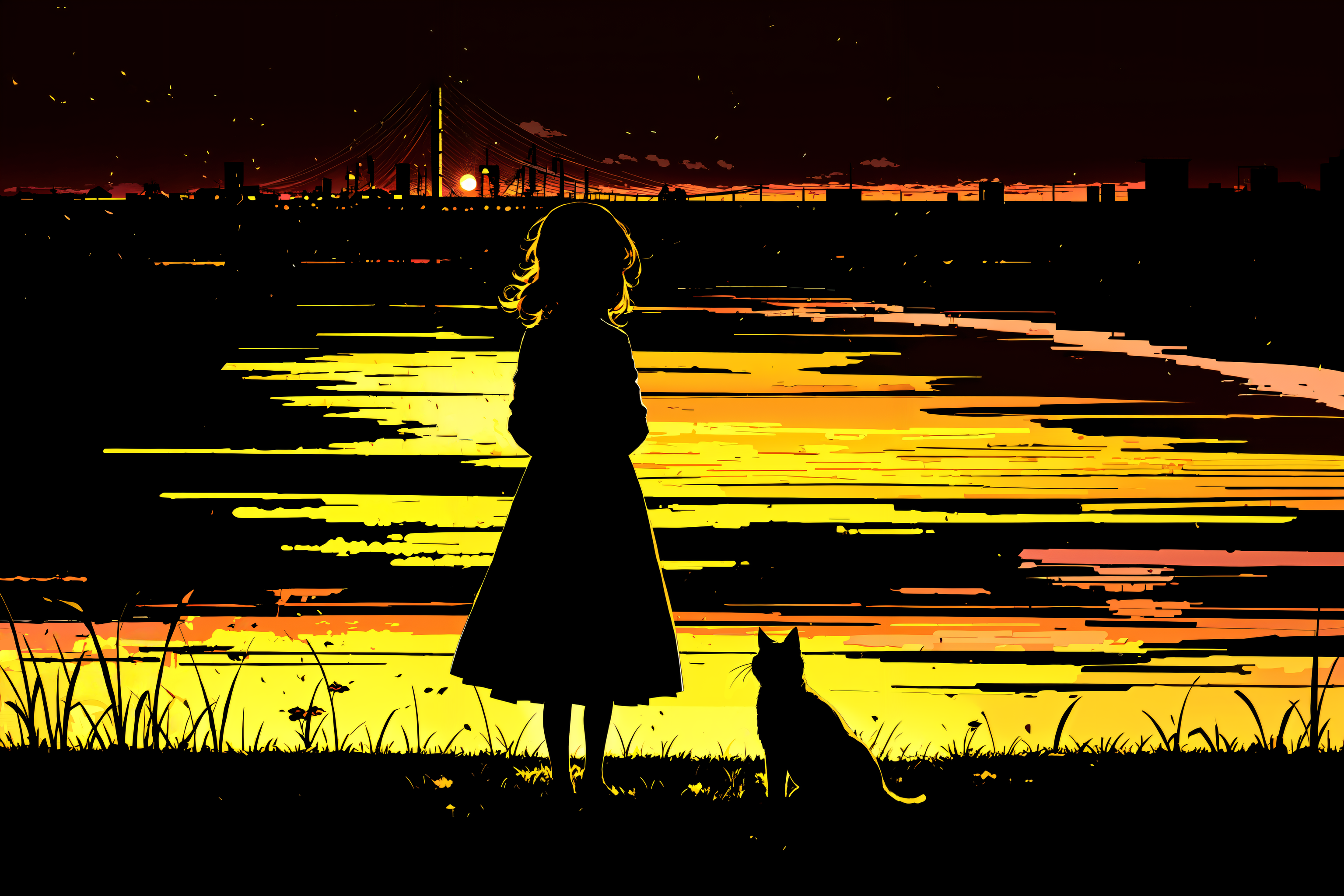 masterpiece, best quality, silhouette of a girl and a cat, backlight,