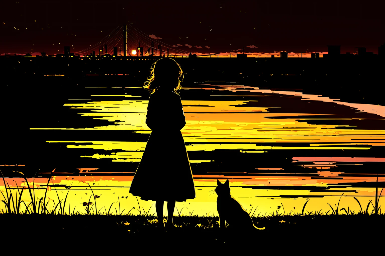 masterpiece, best quality, silhouette of a girl and a cat, backlight,