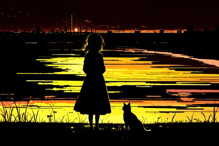 masterpiece, best quality, silhouette of a girl and a cat, backlight,