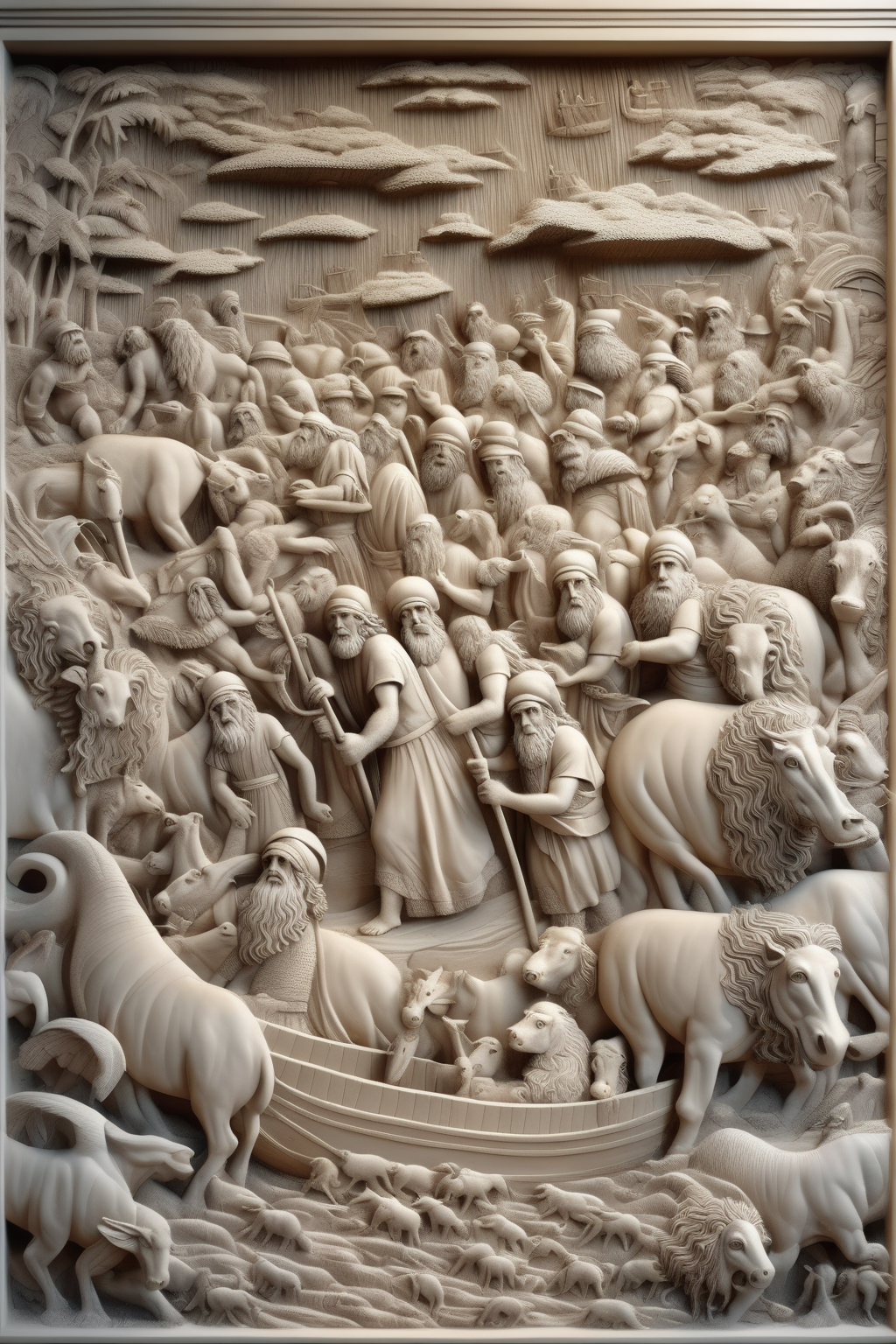 <lora:BAS-RELIEF:1>BAS-RELIEF - Gypsum Engraving, Moses, Noah's Ark, Rich in Detail and Intricate Composition