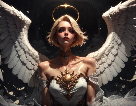 score_9, score_8_up, score_7_up, score_6_up, score_5_up, score_4_up,  1girl, angel, white wings, feathered wings, large wings, blonde hair, short hair, golden halo, posing, female focus, white dress, silk robe, tall neck dress, turtle neck, suggestive pose, solo, perfect female body, perfect eyes, posing for magazine, shiny skin