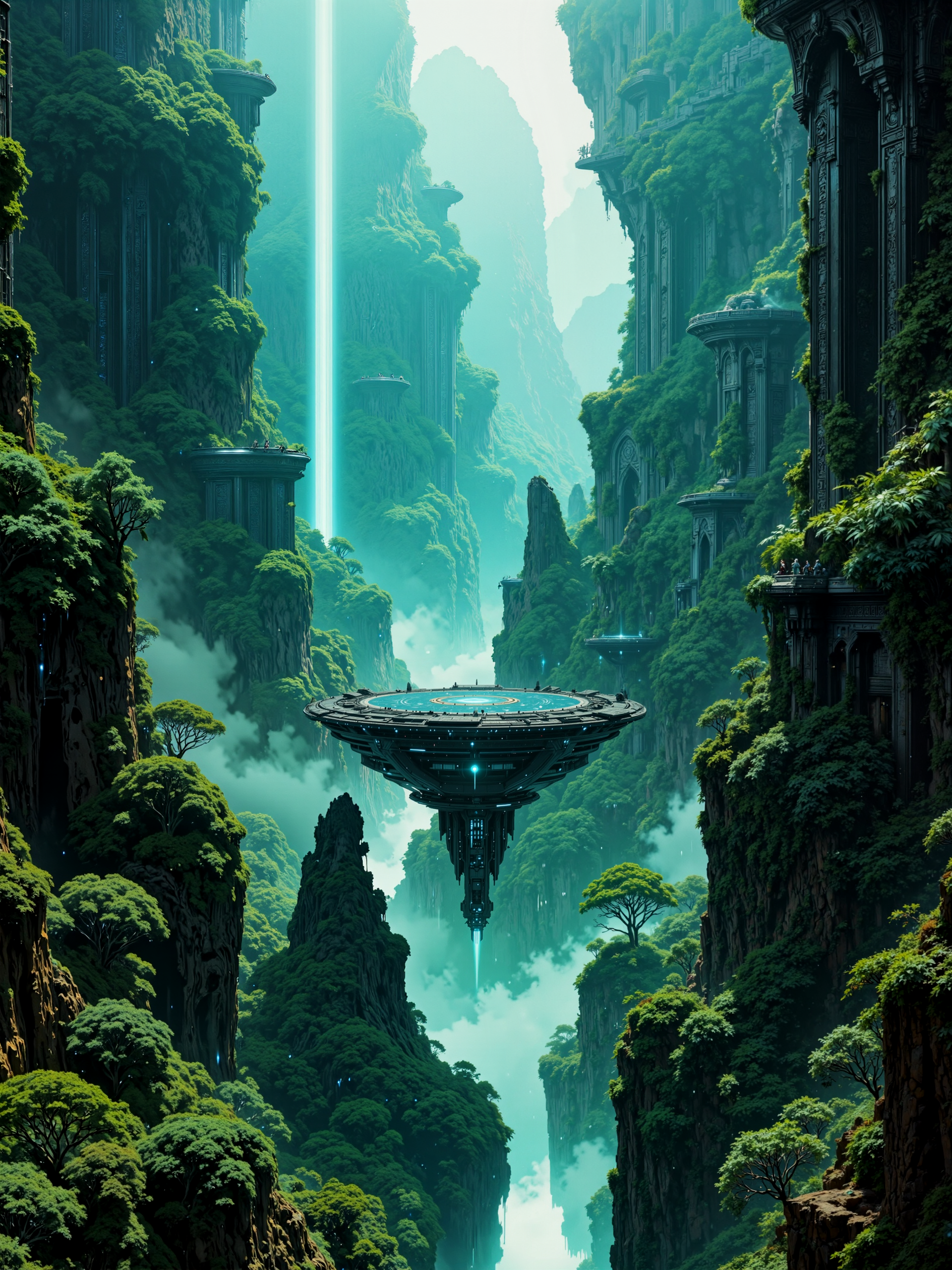 cinematic still in a photographic style with ultra-high aesthetic quality, ultra-detailed, hyper-realistic, photorealistic, uhd, 8k, 4k, science fiction, cinematic landscape with ancient and surreal elements, a vast, overgrown jungle basin on a distant planet, shrouded in mist and shadow, ringed by towering cliffs blanketed in dense alien vegetation, vines drape like curtains from stone overhangs, and twisted trees with glowing leaves crowd the edges of the basin, the atmosphere thick with moisture and mystery. in the center of the basin, the laws of gravity fracture and twist - water streams flow upward in spiraling arcs toward a levitating, bowl-shaped lake that hovers impossibly in midair, reflecting the heavy, storm-laden sky above, gravitational anomalies scatter droplets and streams across the air like strands of crystal thread suspended in space. embedded deep into the jungle walls and floor of the basin lie ancient alien ruins - massive obsidian structures half-buried in the earth, etched with luminescent glyphs and intricate, angular architecture, their monumental size and perfect geometric alignment hinting at impossible precision and forgotten purpose, some float weightlessly, tilted and partially disassembled by the strange gravitational forces. a sleek, advanced research vessel floats at the rim of the basin, stabilized by anti-gravity thrusters, its lights cast long beams over the ruins and the levitating lake, scanning the glyph-covered surfaces for signs of function or history, smaller drones hover and flicker between the mist and the ruined structures, capturing every angle of this archaeological mystery. a high, sweeping birdâs-eye view angled down across the basin, showing the floating lake at its center, the buried and levitating ruins spread out in impossible patterns, and the solitary ship perched on the edge like an intruder in a cathedral of gravity and time. rembrandt style lighting carves soft light and shadow through thick jungle fog, accentuating the glowing glyphs on the ruins and the storm breaking through the clouds above, shafts of crepuscular light pierce the mists, casting surreal reflections across the floating waters and ruins. captured in ultra-high resolution with cinematic lensing and dreamlike diffusion, the color palette is a moody blend of emerald green, obsidian black, glowing violet, and luminous blue, with subtle film grain and dynamic contrast emphasizing the enigmatic and ancient feel of the composition, ovg, artilands02, <lora:style-fantastic_landscapes-v2-flux-by_artifyai:0.92> <lora:epic_gorgeous_details-balance-flux-by_flyway:0.28>
