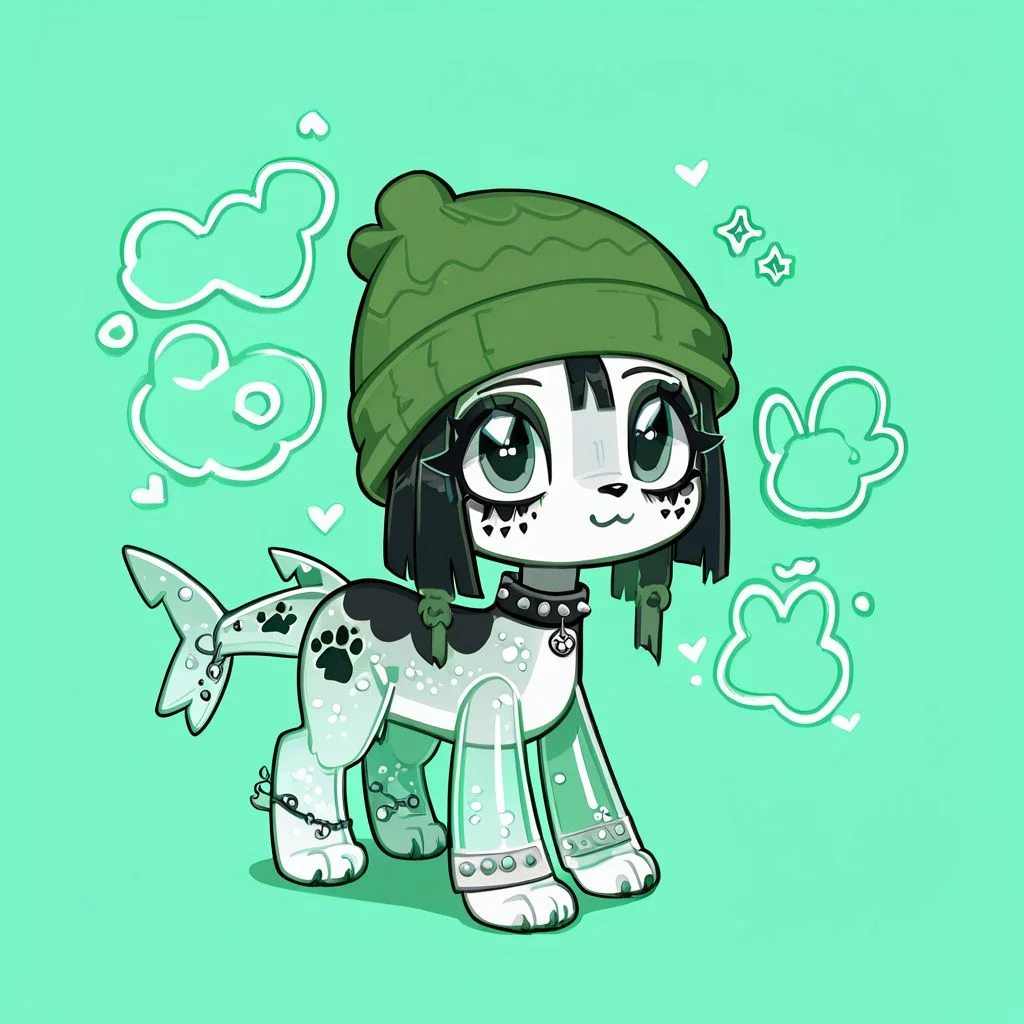 score_9_up, score_8_up, custom lps, littlest_pet_shops, <lora:LPS-000009:0.6>, all fours, solo, feral female, canid, dog, shark tail, green beanie, (transparent body:1.1), crystal markings, gothic, (very abstract unique design:1.2), straight-on, digital art, fizzeru, <lora:Lunas-Fizzeru-SDXL-A1:0.9>