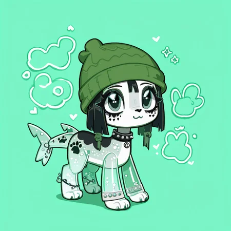 score_9_up, score_8_up, custom lps, littlest_pet_shops, <lora:LPS-000009:0.6>, all fours, solo, feral female, canid, dog, shark tail, green beanie, (transparent body:1.1), crystal markings, gothic, (very abstract unique design:1.2), straight-on, digital art, fizzeru, <lora:Lunas-Fizzeru-SDXL-A1:0.9>
