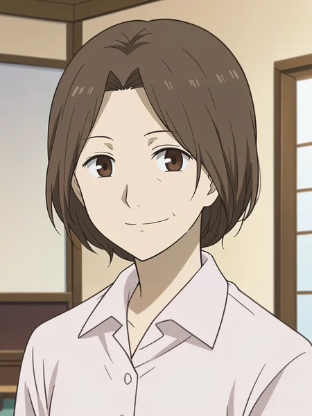 <lora:Touko_Fujiwara-Natsume_Yuujinchou:1>,Touko,1girl,solo,old woman,brown hair,brown eyes,short hair,shirt,upper body,smile,looking at viewer,indoors