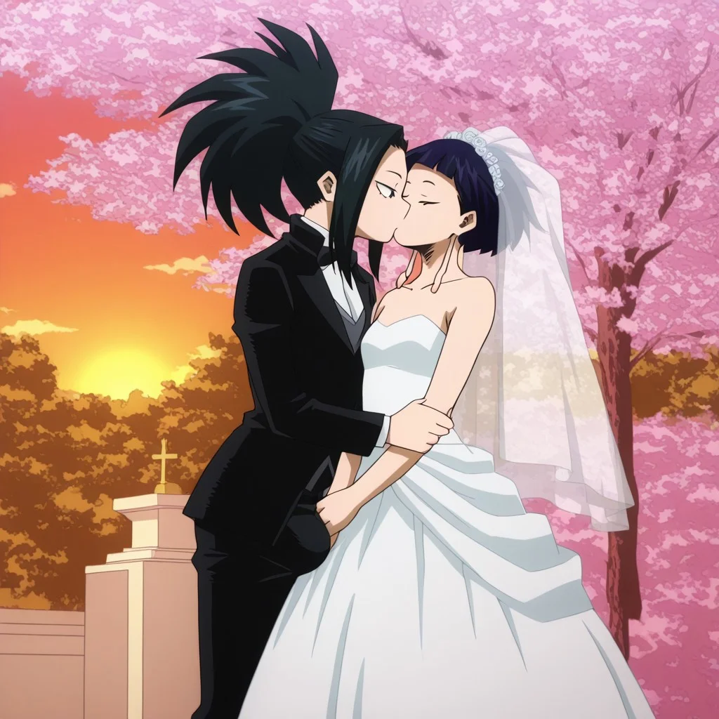 boku_no_hero_academia_style, 2girls, 1futa, masterpiece, best quality, very aesthetic, high resolution, cherry tree forest, wedding altar, kissing, eyes closed, sunset,
BREAK,
yaoyorozu momo, (large rounded breasts), black tuxedo, long hair, bangs, black hair, ponytail, black eyes, high ponytail, wide ponytail, large bulge,
BREAK,
illujiro, short hair, bangs, long earlobes, purple hair, black hair, black eyes, wedding dress, wedding veil, small flat breasts,
