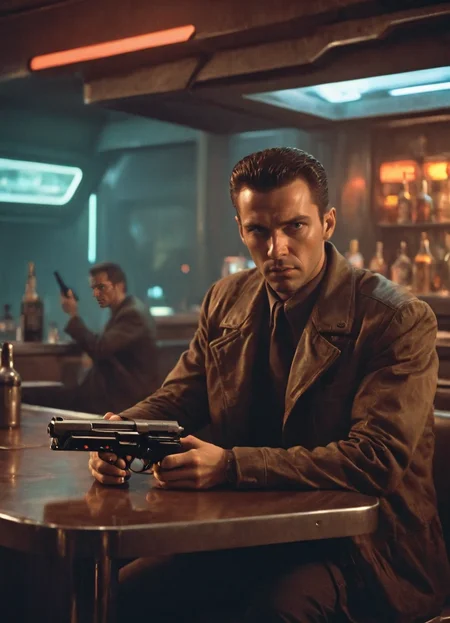 man sitting at a table in a futuristic bar with a bldrnrblstr gun on the table, science fiction, film noir,
<lora:Blade_Runner_Blaster_SDXL:0.8>