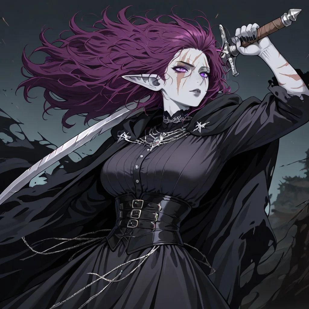 masterpiece, best quality, newest, absurdres, highres, DPWSV1.0, dynamic pose, holding sword, holding, holding weapon, weapon, sword,
1girl, goth, gothic, goth fashion, victorian, elf, coreset, messy hair, scar, scars, scar on face, robe, medival, medival clothing, mature, mature female,
Purple hair, Purple eyes, grey skin, colored skin, grey colored skin,