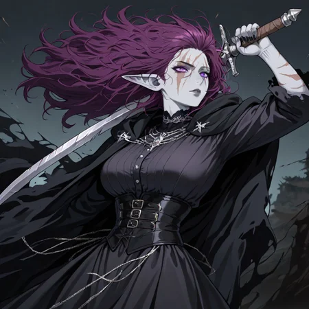 masterpiece, best quality, newest, absurdres, highres, DPWSV1.0, dynamic pose, holding sword, holding, holding weapon, weapon, sword,
1girl, goth, gothic, goth fashion, victorian, elf, coreset, messy hair, scar, scars, scar on face, robe, medival, medival clothing, mature, mature female,
Purple hair, Purple eyes, grey skin, colored skin, grey colored skin,