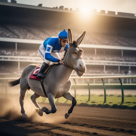 an horse racing donkey ridden by a jockey, full speed, horse tracks  <lora:Donkey1024:0.8>