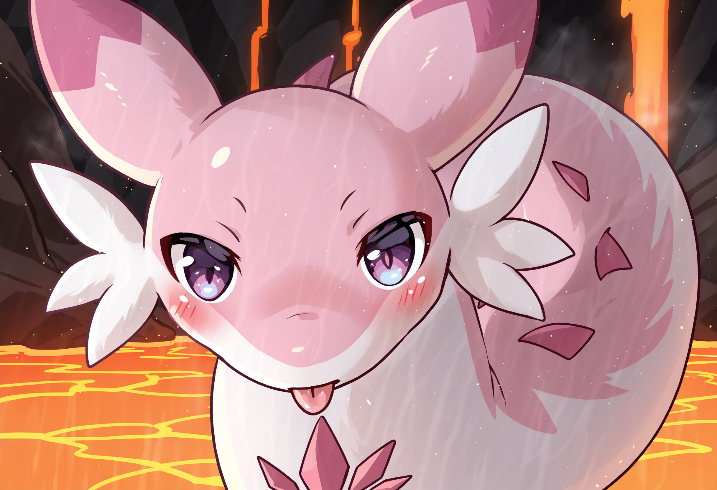 score_9, score_8_up, score_7_up, source_anime BREAK
volcano background, fire, magma, lava, smoke
Chillet_Palworld, feral, light pink fur, purple eyes, white underbelly, hot pink back spikes, hot pink chest markings, hot pink spots, hot pink-tipped ears, whiskers, long animal ears, long tail, 
standing, leaning forward, pov, tongue, tongue out, blush, looking at viewer, smile, (facing viewer:1.3) 
detailed background, beautiful scenery
<lora:add-detail-xl:1>
 <lora:Chillet_Palworld:1>