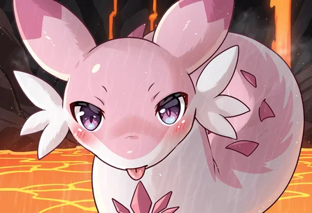 score_9, score_8_up, score_7_up, source_anime BREAK
volcano background, fire, magma, lava, smoke
Chillet_Palworld, feral, light pink fur, purple eyes, white underbelly, hot pink back spikes, hot pink chest markings, hot pink spots, hot pink-tipped ears, whiskers, long animal ears, long tail,
standing, leaning forward, pov, tongue, tongue out, blush, looking at viewer, smile, (facing viewer:1.3)
detailed background, beautiful scenery
<lora:add-detail-xl:1>
<lora:Chillet_Palworld:1>