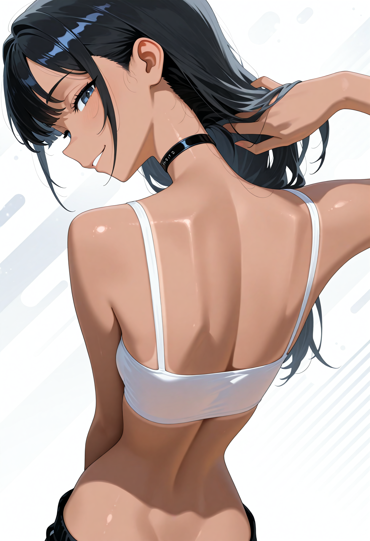 otokakoto, 1girl, solo, black choker, from behind, black hair, long hair, tan, white crop top, small breasts, back, wide hips, hip bones, upper body, hand in hair, smile, looking at viewer, abstract background, absurdres, newest, masterpiece, top quality, official art, best quality, beautiful and aesthetic, very detailed, most detailed <lora:otokakotostyleIL:1>