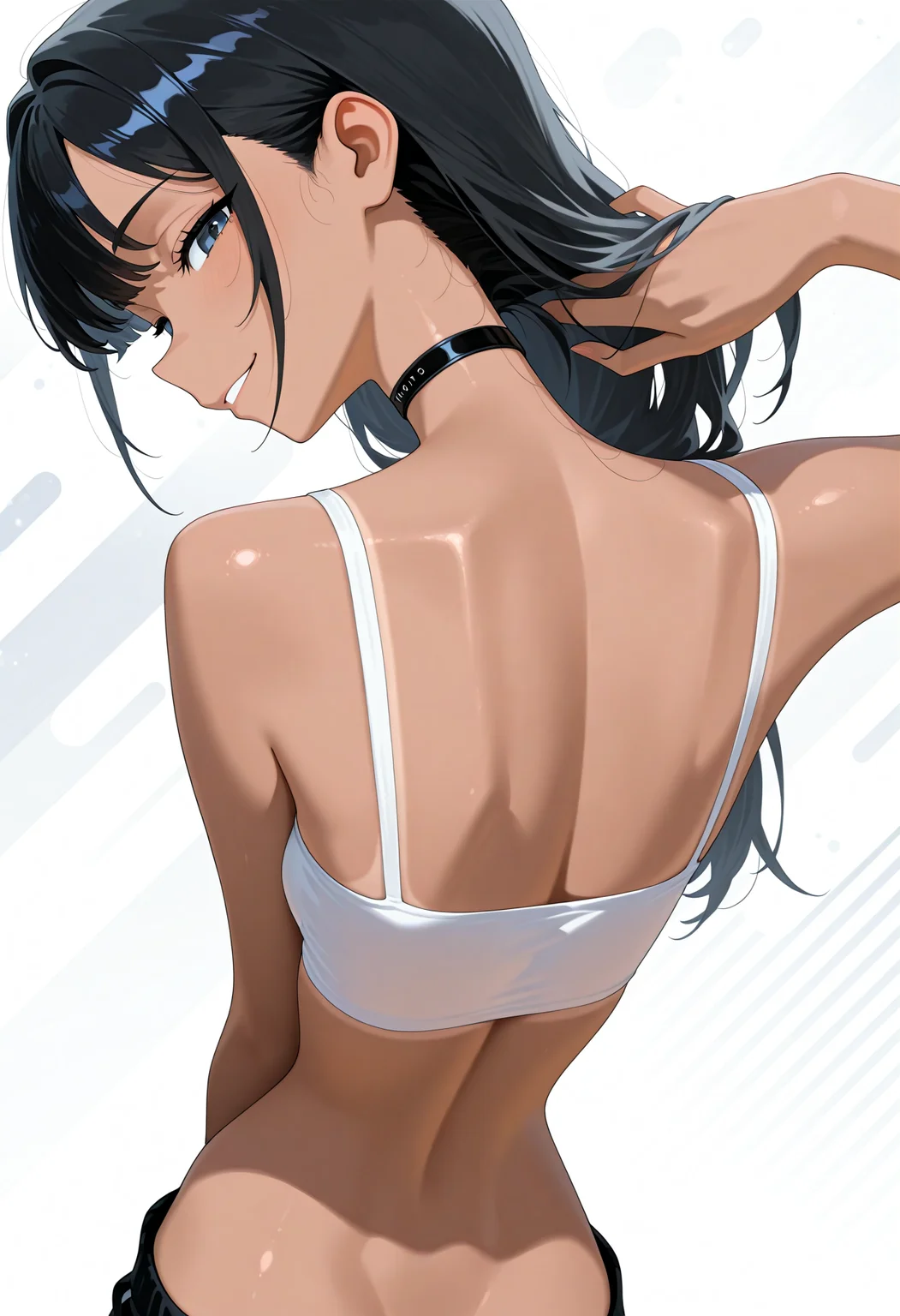 otokakoto, 1girl, solo, black choker, from behind, black hair, long hair, tan, white crop top, small breasts, back, wide hips, hip bones, upper body, hand in hair, smile, looking at viewer, abstract background, absurdres, newest, masterpiece, top quality, official art, best quality, beautiful and aesthetic, very detailed, most detailed <lora:otokakotostyleIL:1>
