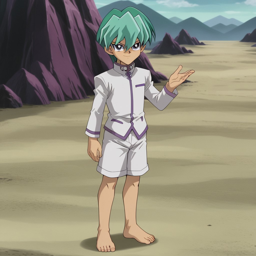boy, noah kaiba, smile, blue eyes, full body, Yu-gi-oh, Green hair, short hair, barefoot, cute feet, clothed, white shorts, white jacket with purple lines, cyberworld