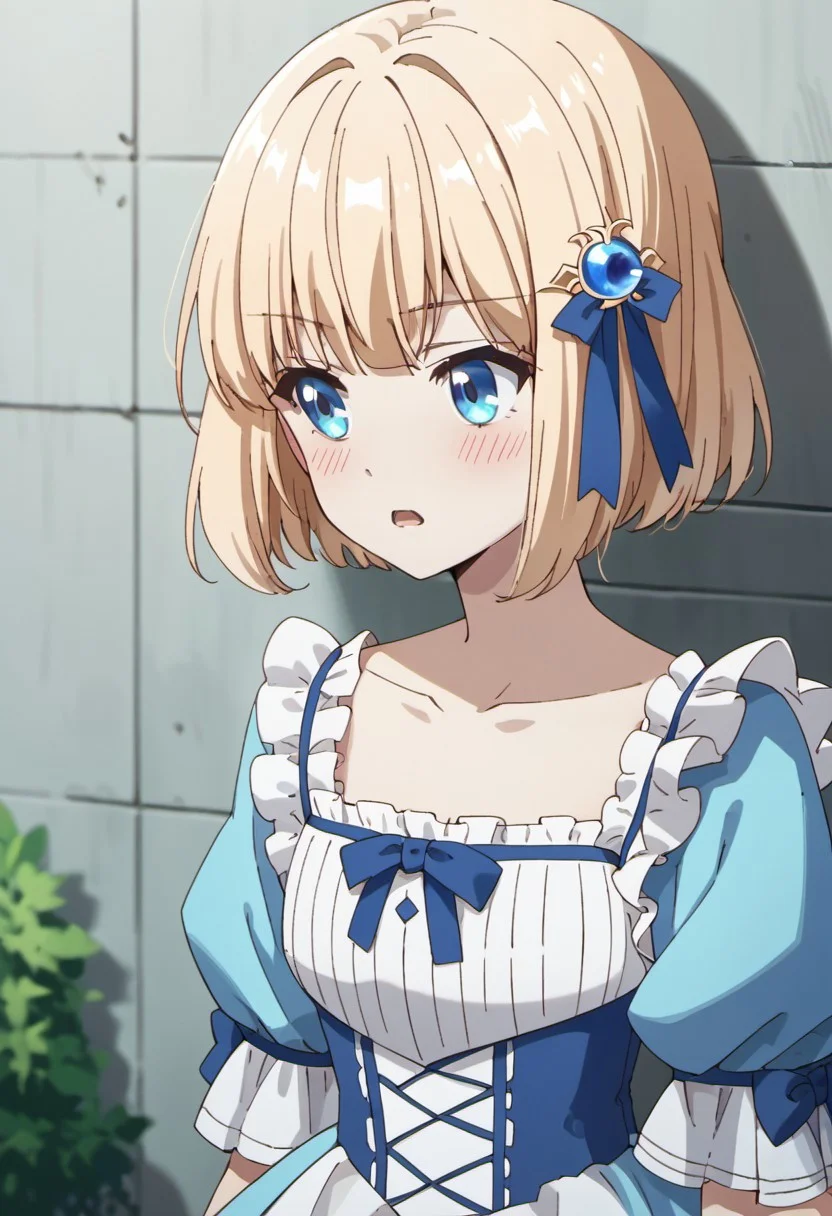 score_9, score_8_up, score_7_up, source_anime, mia luna tearmoon, blonde hair, short hair, blue eyes, 1girl, solo, hair ornament, dress, open mouth, collarbone, looking away, frills, ribbon, looking to the side, blush, blue ribbon