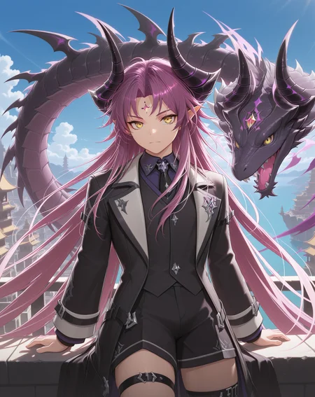masterpiece, amazing quality, best quality, absurdres, very aesthetic,
1boy, solo, yaoi, male focus, cowboy shot, upper body, looking at viewer, face focus,
<lora:Veigas_T_FSI_ilxl:1> veigastfsi, purple hair, demon horns, pointy ears, yellow eyes,forehead mark,parted bangs,
boots,black footwear, black shorts, black socks, asymmetrical legwear, thigh strap,
shirt, black coat, long sleeves, black necktie,
jewelry, dragon, forehead jewel,
outdoors, day, blue sky,