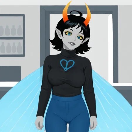 score_9, score_8_up, score_7_up, HD, best quality, masterpiece, solo, 1girl, Muscah, black hair, horns, antennae horns, pointy ears, makeup, coloured skin, grey skin, coloured sclera, yellow sclera, blue eyes, insect wings, large breast, black sweater, black turtleneck symbol on sweater, fly \(symbol\), blue pants, tight pants, indoors, bar
