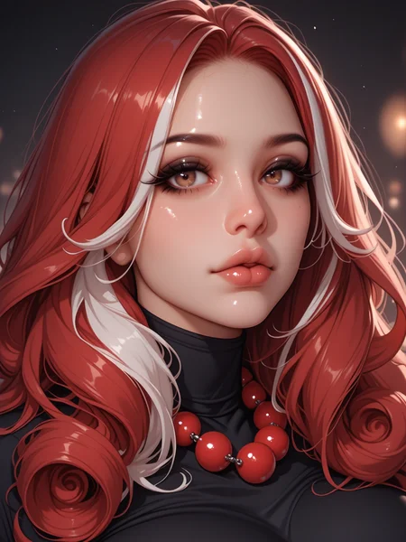 masterpiece, best quality, good quality, very aesthetic, absurdres, newest, 8K, depth of field, focused subject, 1girl, (portrait), red hair, long hair, curly hair, white highlights, brown eyes, eyelashes, full lips, black makeup, big breasts, turtleneck, ball necklace, <lora:ball_necklace_mabusius_illustrious_v1.0:0.5>, abstract background, <lora:MoriiMee_Gothic_Niji_Style_Illustrious_r1:0.75>, realistic, Cinematic Lighting, artist:moriimee