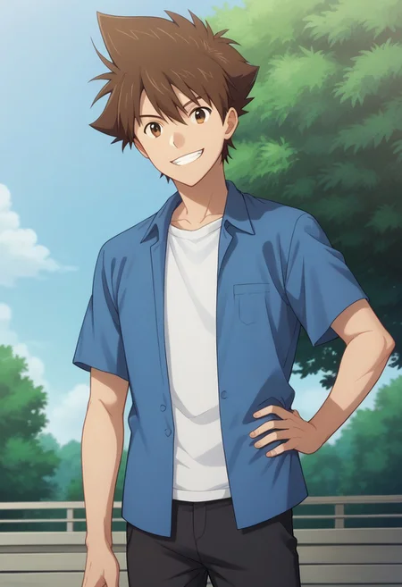 score_9, score_8_up, score_7_up, source_anime, highly detailed,
taikizu, 1boy, brown hair, male focus, solo, brown eyes, upper body, shirt, pants, smile, grin, hand on hip,
open clothes, white shirt, black pants, standing, short sleeves, looking at viewer,
blue shirt, spiked hair, hair between eyes, bangs,
outdoor, sky, tree
