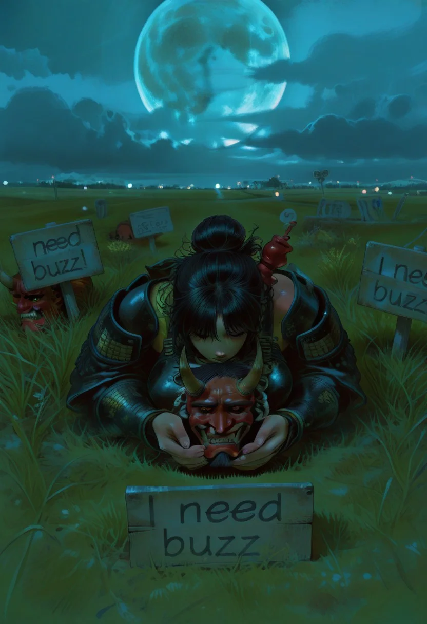 masterpiece, best quality, very aesthetic, absurdres, samurai, samurai armour,  long hair, hair bun, red and black armour, Golden details on armour, oni mask, dogeza pose, from above, need_buzz, sign, (background, night, vast grass field, full moon, clouds on sky,)