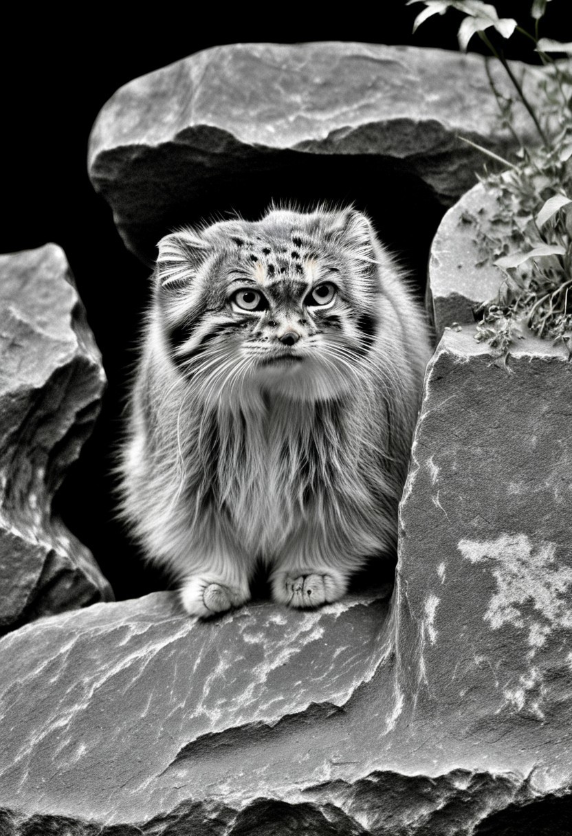 closeup of a curious manul on a rock, Otocolobus manul, curios expression, confused look, moss, shrubbery, black background, black and white, sepia, Jed-Pen