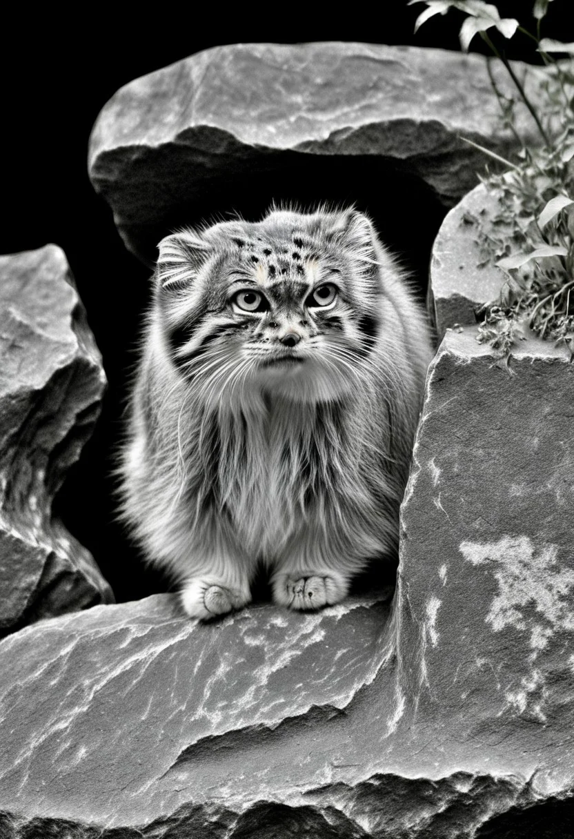 closeup of a curious manul on a rock, Otocolobus manul, curios expression, confused look, moss, shrubbery, black background, black and white, sepia, Jed-Pen