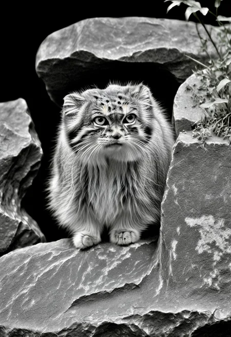 closeup of a curious manul on a rock, Otocolobus manul, curios expression, confused look, moss, shrubbery, black background, black and white, sepia, Jed-Pen