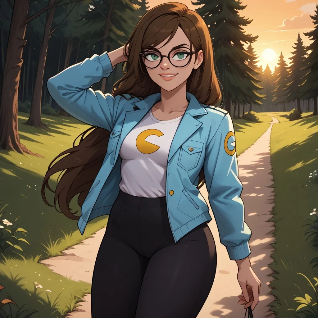 score_9, score_8, BREAK, solo, brown hair, dark green eyes, glasses, lips, cyan jacket, white shirt, pacman print, breasts, leggings, sneakers, Ally_(Disventure_Camp), cute, sexy pose, self portrait, smile, outdoors, sunlight, shadows, evening lighting, natural lighting, forest, trees, grass, orange sky, sunset