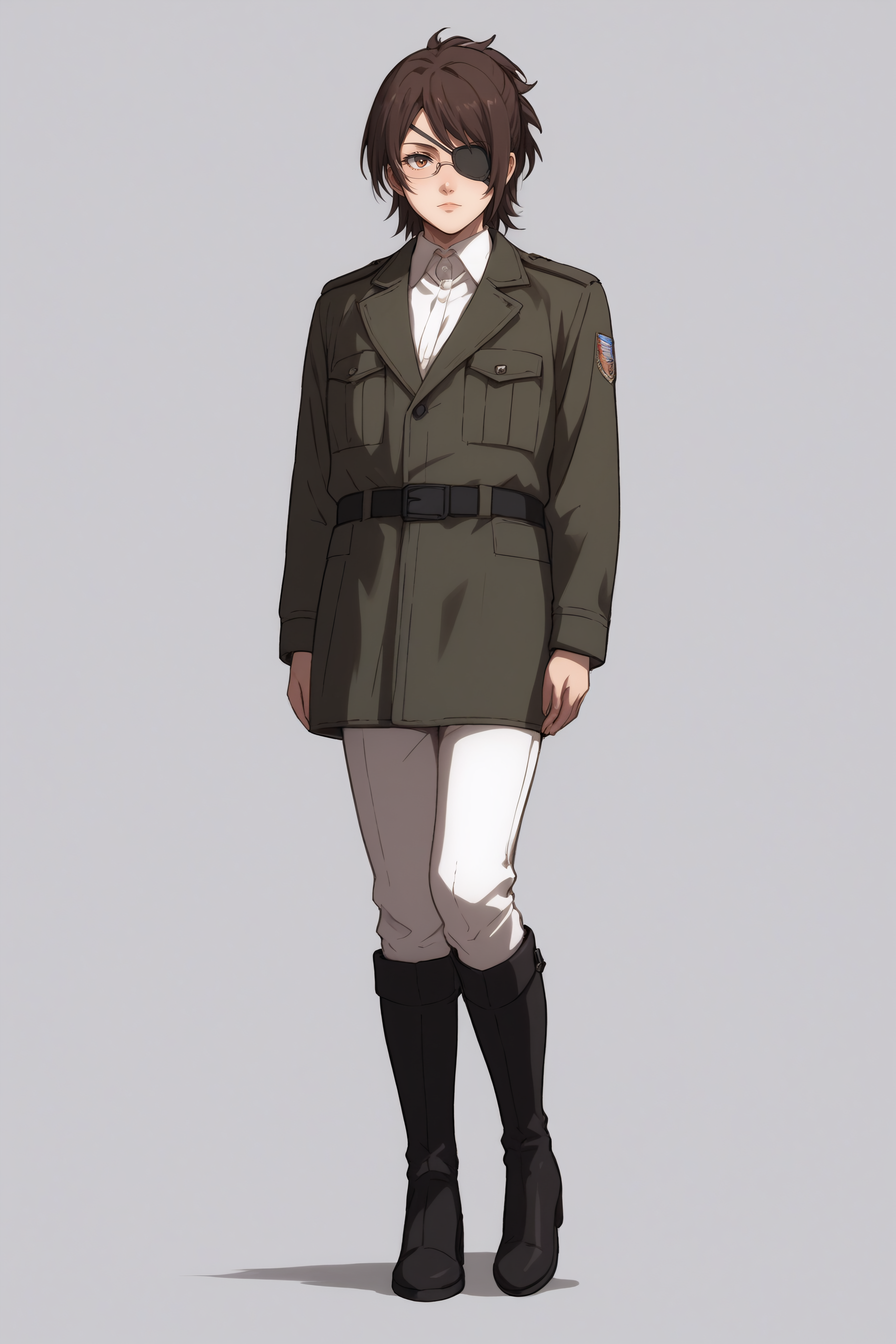 score_9, score_8_up, score_7_up, BREAK source_anime, <lora:hange zoë-PonyXL-lora-Faxtron:0.8> hange, glasses, brown eyes, dark brown hair, medium breasts, eye patch, military overcoat, survey corps \(emblem\), white shirt, white pants, knee boots, standing,
