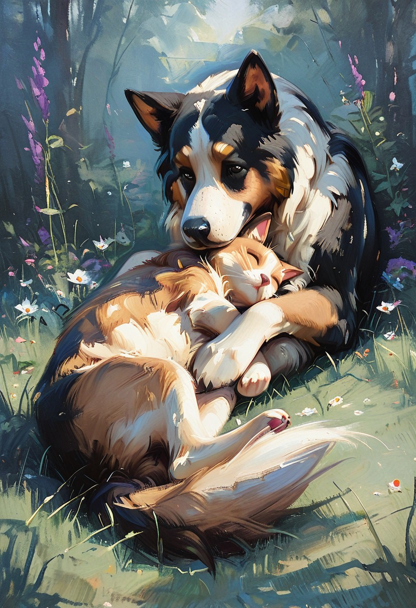 ArsMJStyle, Impressionism, oil painting, brushstrokes, fluid brushstrokes, masterpiece, high_quality, best_quality, 1dog1kitten, scene of a kitten sleeping next to a dog, 1dog, collie, lying on ground, tuft of grass, wild flowers, furrowed brow, flustered, 1kitten, fluffy kitten, asleep, cuddling next to dog, dappled light, dim light, shade, dynamic angle