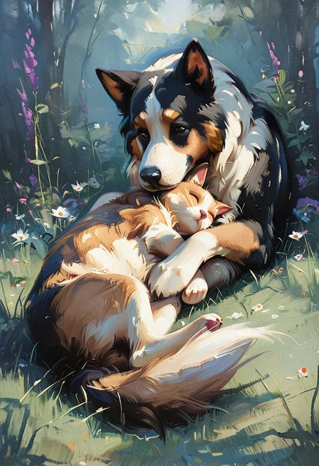 ArsMJStyle, Impressionism, oil painting, brushstrokes, fluid brushstrokes, masterpiece, high_quality, best_quality, 1dog1kitten, scene of a kitten sleeping next to a dog, 1dog, collie, lying on ground, tuft of grass, wild flowers, furrowed brow, flustered, 1kitten, fluffy kitten, asleep, cuddling next to dog, dappled light, dim light, shade, dynamic angle