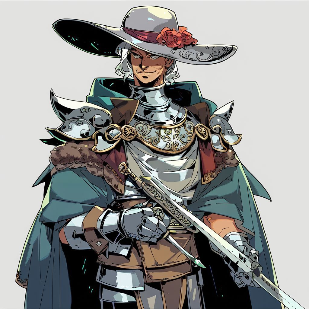 score_9, score_8_up, score_7_up, knight, wearing armor, holding a sword, genderless, wide-brimmed hat, cloak, intricate patterns, gloves,