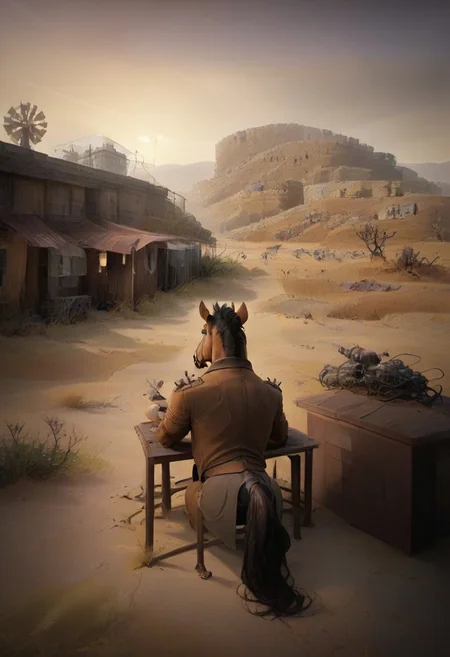 Night time ,A lone figure travelling a deserted highway a, barren waste land stretches out in all directions. remnants of a forgotten metropolis can be seen in the distance. His only companion an old mustang horse trails behind him. the occasional cactus or Joshua tree sparsely dot the land scape. The figure makes camp by the side of the highway, he makes a fire and lays his bedroll close to it to ward of the chill and loneliness of the desert night. His horse is hitched to a near by tree, As the man stares into the fire he draws a harmonica from his pack. Far in the distance a single light shines from the top of the metropolis, the full moon hangs low and heavy in the sky. He lies down on his bedroll legs crossed and arms folded behind his head as he stares at the stars, he looks for a guiding star. A coyote howls in the distance, the horse whinnies in reaction. The man stands and approaches his stallion, he lays a calming hand on the flank of the stallion. He checks the horses tack and offers the horse some feed, before removing his Winchester Lever Action Rifle, from its place on the horses saddle. He removes the saddle and bridle from the horse and lets it graze freely. As he returns to the camp fire he pulls a pouch of rolling tobacco from his back pocket. Sitting by the fire the places the tip of the cigarette in his mouth, He takes a deep drag of the cigarette and exhales slowly. He watches the silvery white smoke gently drift away in the still air of the night.