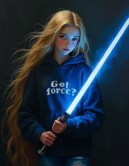 An ultra-detailed, portrait oil painting of a young Jedi Rapunzel, emanating calm and wisdom, holding a blue lightsaber, its blue blade illuminating her face. Her expression is determined and focused. She is inside an ancient Jedi temple shrouded in darkness, where the only light comes from her glowing blue lightsaber. The Jedi Rapunzel is skinny barely in her teens. Her long, iconic blond hair cascades in wild, untamed waves. She is wearing an oversized, dark colored hoodie with bold typography that reads "Got force?" in white letters and ripped blue jeans. Oil painting. Focus on the girl, shadow and light, Masterpiece, intricate lines, intriguing atmosphere, sharp magnificent details, delicate features, elaborate details, (2\3 rule composition:0.5), ultra detailed, romantic, Rembrandt lighting, brush stroke, lovely, novuschroma, in the style of Rembrandt. vantablack <lora:style_of_Rembrandt_FLUX_135:.7> <lora:- Flux1 - vanta_black_V2.0:.3> <lora:113_novuschromaFLX_1:.4> <lora:Midjourney_Whisper_Minimal:.3>
 <lora:neeeg_f1:-1>