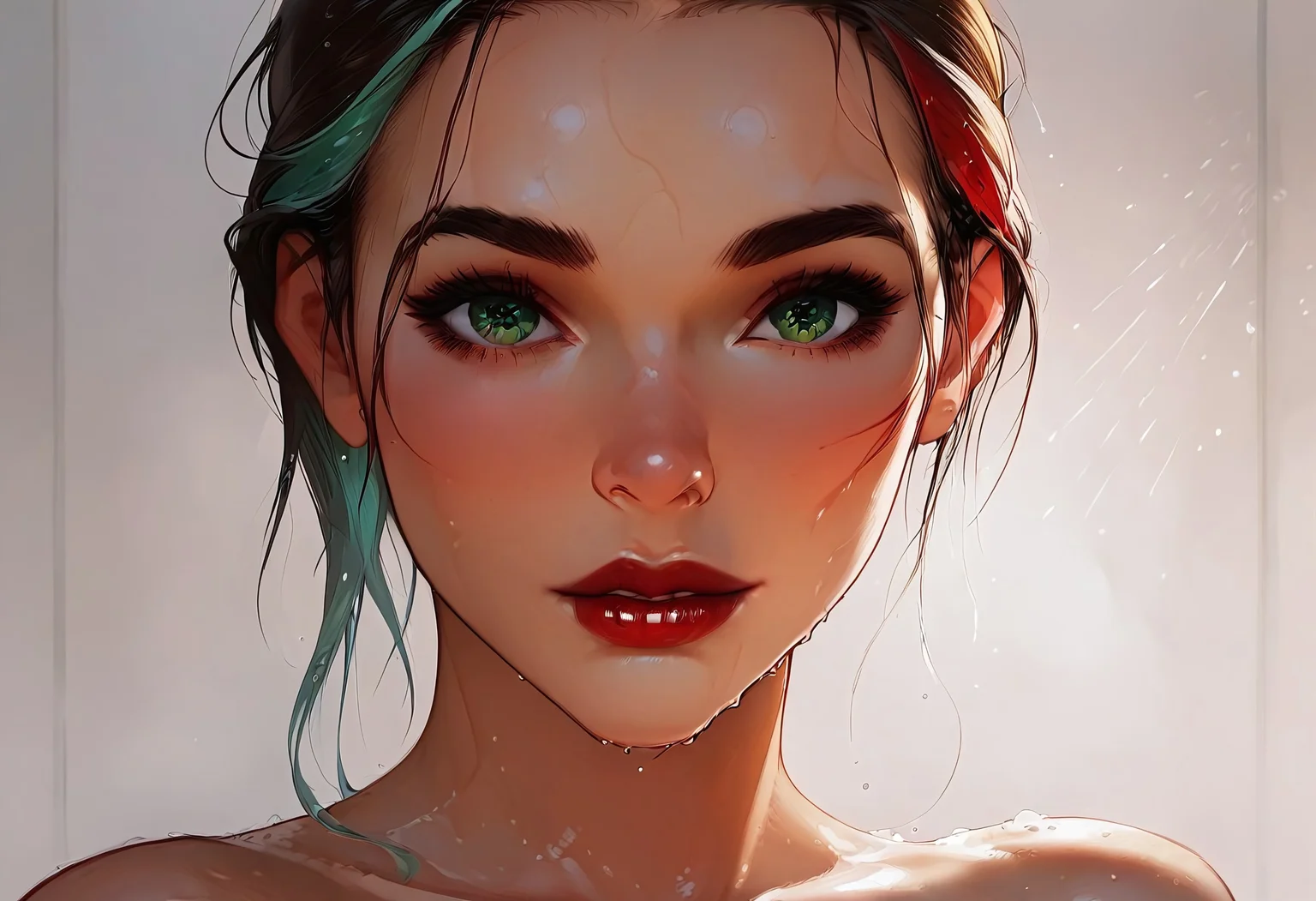 safe_pos, safe_pos, safe_pos, safe_pos, score_9, score_8_up, score_7_up, (1girl, solo, wet hair, 1strand of colored hair, green eyes), (medium breast, natural breasts, medium ass, slender legs, red lips, nose), taking a hot shower, eyes closed, washing hair, steamy, hot, wet body, water motions, shower details, ultra close up on mouth, high resolution, close up shot