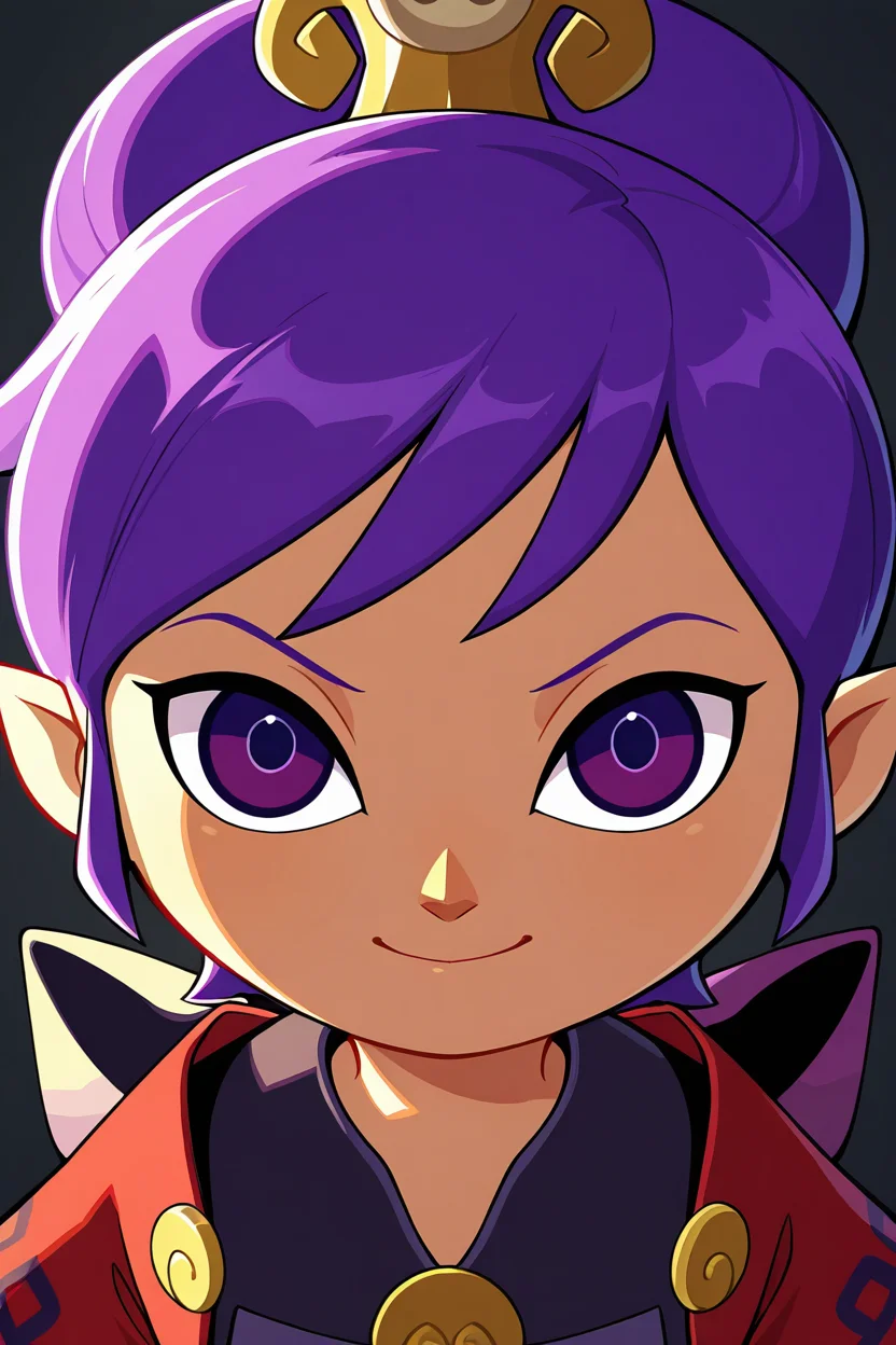 masterpiece, best quality, BREAK, 1girl, face, portrait, looking at viewer, closed mouth, purple eyes, purple hair,smile, looking at viewer, <lora:WindWaker_Style_IXL:1.0>,