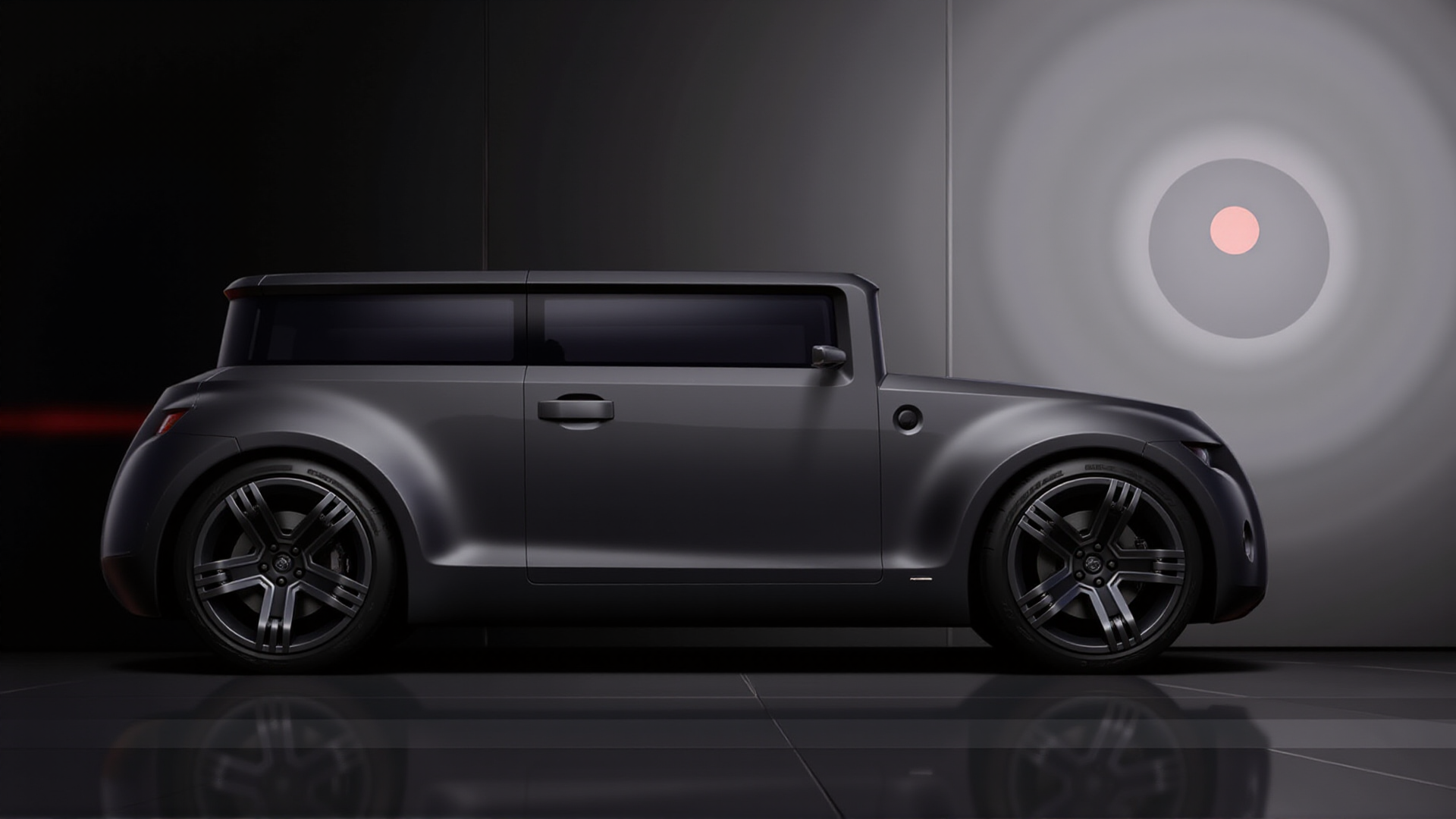 A minimalist studio close-up of the Scion Hako Coupe Concept under the shadow of a lunar eclipse. The carâs body is finished in a matte gunmetal gray with deep black accents, blending into the dark ambiance of the studio. The shot highlights the sleek flush door handles and the sharp edges of the sculpted hood, with a faint red glow from the eclipse accentuating the contours. Subtle reflections on the polished alloy wheels and glass surfaces add a sense of depth and style
 <lora:ral-hkcpcncpt_000004000:1>