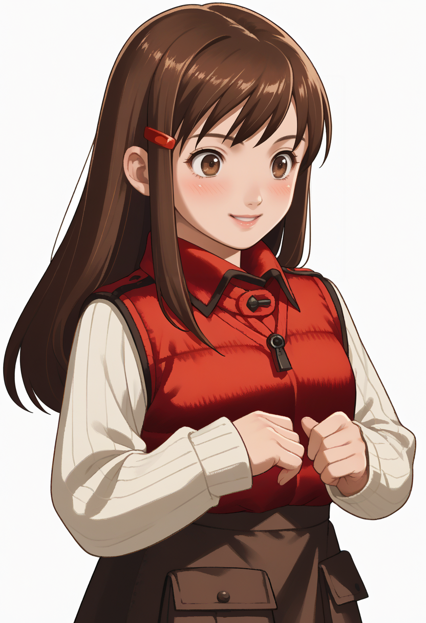 score_9, score_8_up, score_7_up, source_anime, 1girl, solo, smile, blush
<lora:zs_FEWarriorsPortraitsXL:1> fewarriorsportraits, portrait, white background
 <lora:hitomitono-sh-richy-v1_pdxl:1> tonohitomi, brown eyes, brown hair, long hair, hairclip, red vest, long sleeves, white sweater, ribbed sweater, brown skirt, pantyhose