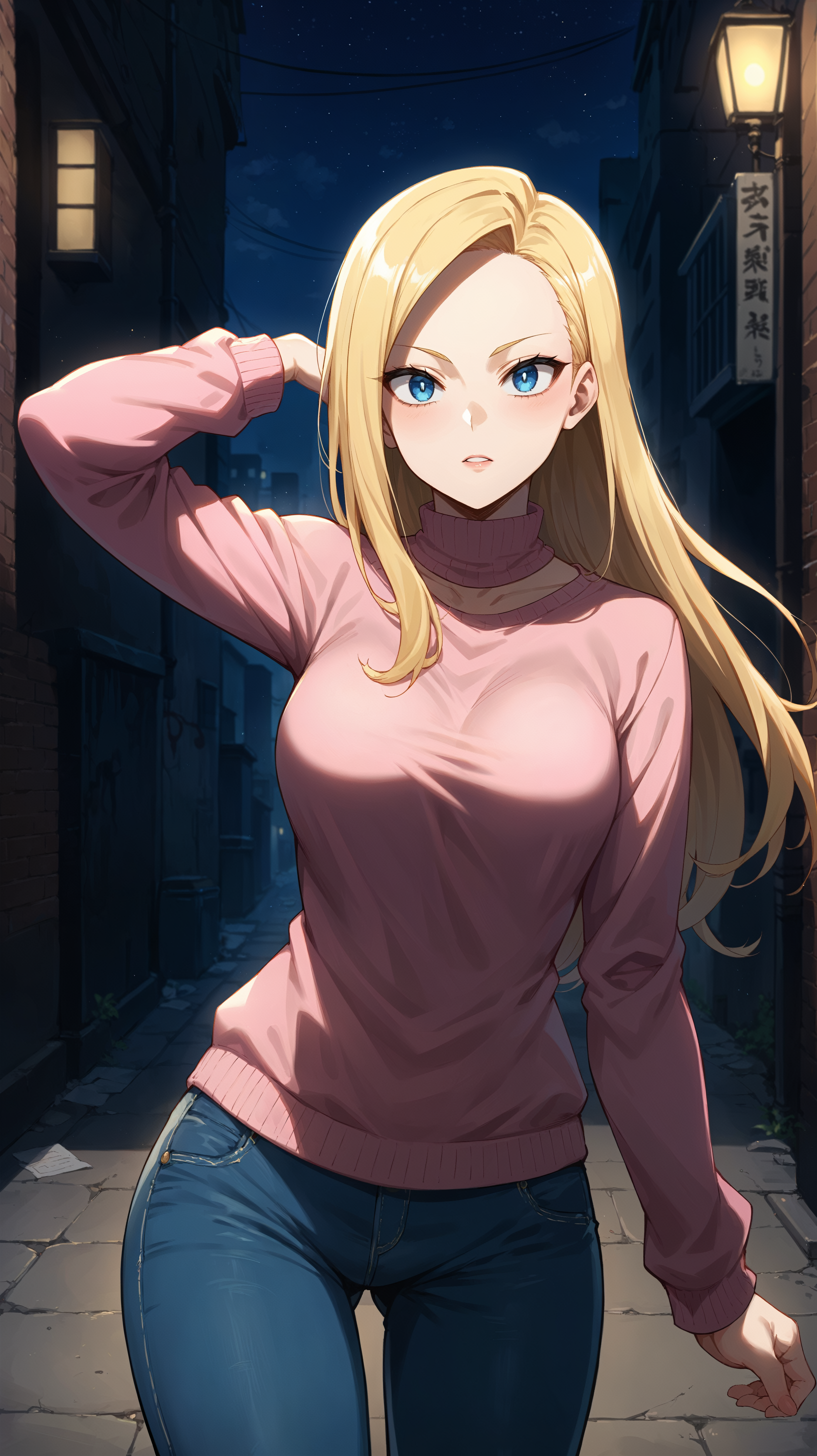score_9,score_8_up,score_7_up,score_6_up, <lora:xl_more_art-full_v1:0.5>, source_anime, woman, dynamic pose, twirling pose, <lora:Ryuko Tsuchikawa (Pixie-Bob) - Pony:0.8>, long hair, blonde hair, side-swept bangs, forehead, blue eyes, pink sweater, jeans, alley, modern city, dim light, dark alley, upper body, night time, darkness,