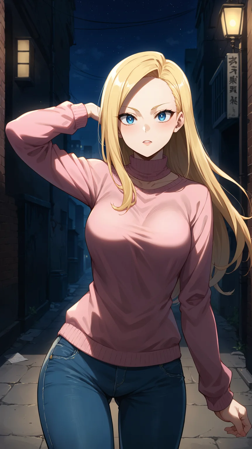 score_9,score_8_up,score_7_up,score_6_up, <lora:xl_more_art-full_v1:0.5>, source_anime, woman, dynamic pose, twirling pose, <lora:Ryuko Tsuchikawa (Pixie-Bob) - Pony:0.8>, long hair, blonde hair, side-swept bangs, forehead, blue eyes, pink sweater, jeans, alley, modern city, dim light, dark alley, upper body, night time, darkness,
