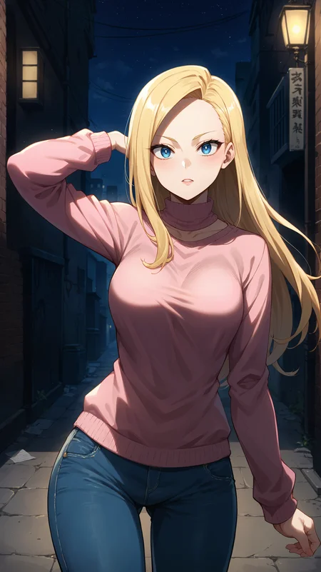 score_9,score_8_up,score_7_up,score_6_up, <lora:xl_more_art-full_v1:0.5>, source_anime, woman, dynamic pose, twirling pose, <lora:Ryuko Tsuchikawa (Pixie-Bob) - Pony:0.8>, long hair, blonde hair, side-swept bangs, forehead, blue eyes, pink sweater, jeans, alley, modern city, dim light, dark alley, upper body, night time, darkness,
