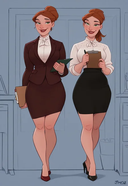 masterpiece, best quality, amazing quality, very aesthetic, DISNEY_ANIMATION, J0t4m0z,
tall female, toned body, Irish, full body freckles, late 20s, auburn hair, high ponytail, emerald eyes, high cheekbones, soft facial features, full lips, confident expression, smile, elegant, commanding presence. female office worker, white blouse, burgundy blazer, pencil skirt, red lipstick, sharp eyeliner, gold accessories, pen, clipboard, confident woman, stylish heels, strict but elegant, serene expression, organized woman, professional.