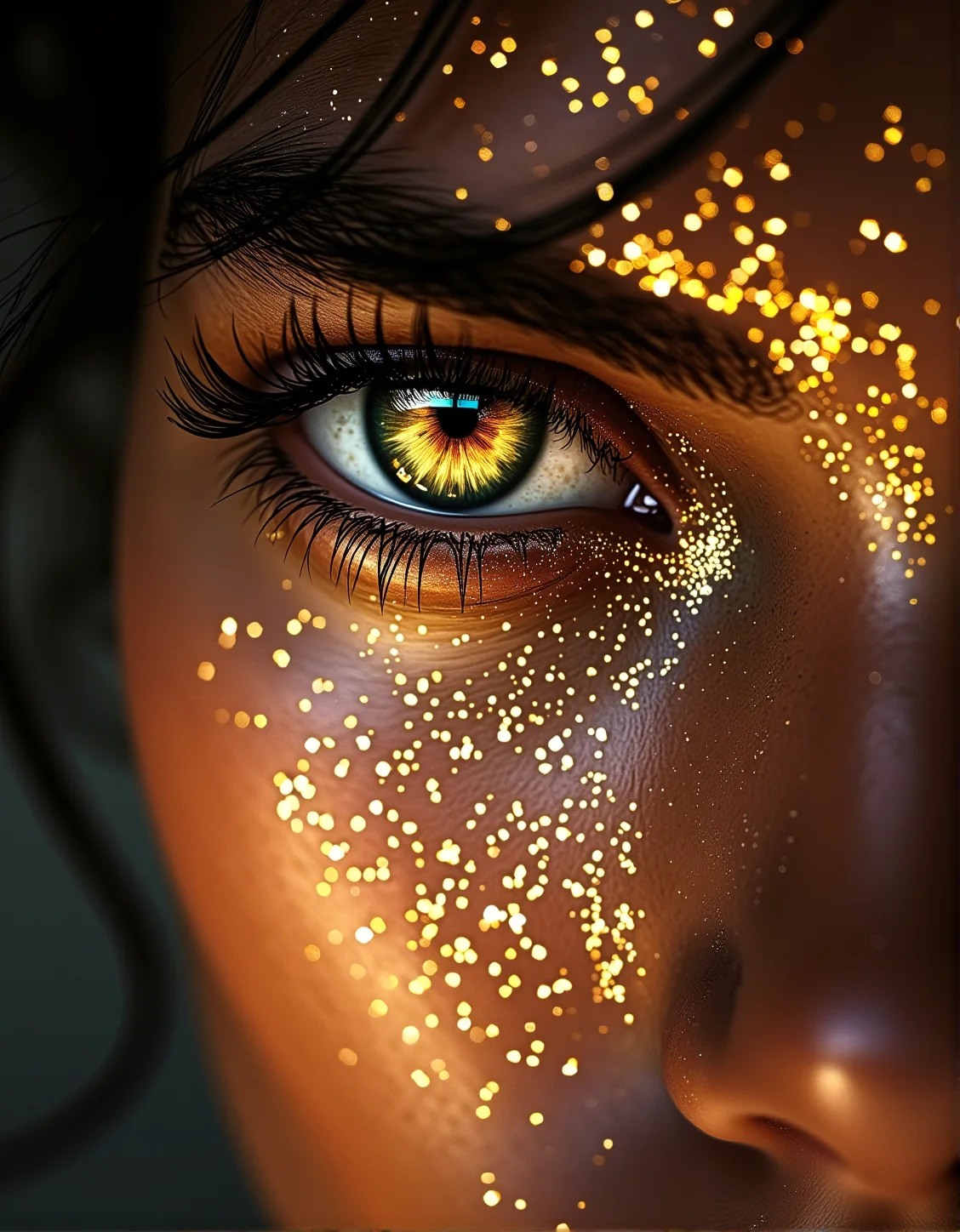 . A breathtaking extreme close-up of a woman's eye, focusing on the intricate details of her wet skin. Her cheeks are covered in fine gold dust, creating a dramatic contrast. The lighting is soft and ambient., <lora:bv-close-up-enhancer.safetensors:1.0:1.0>