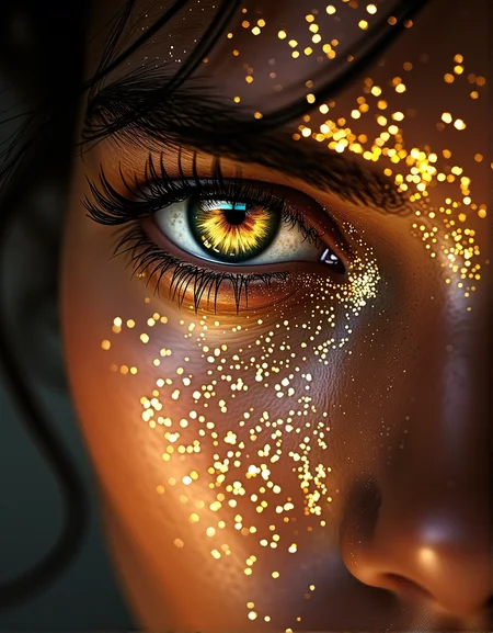 . A breathtaking extreme close-up of a woman's eye, focusing on the intricate details of her wet skin. Her cheeks are covered in fine gold dust, creating a dramatic contrast. The lighting is soft and ambient., <lora:bv-close-up-enhancer.safetensors:1.0:1.0>